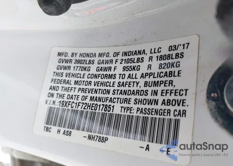 2017 Honda Civic Ex-L z USA, uszkodzony, nr VIN 19XFC1F72HE017851